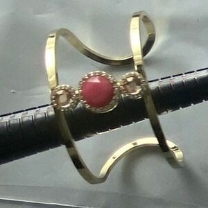 Gold Tone Cuff Bracelet with Red Stone Accent‎ Open Design Adjustable Bangle